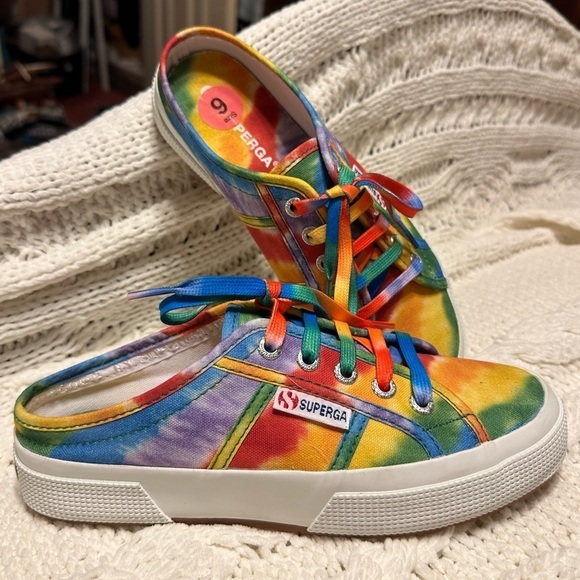 Superga Shoes - Like New tie dye Superga slip on sneakers 36 6 red blue green yellow purple pink